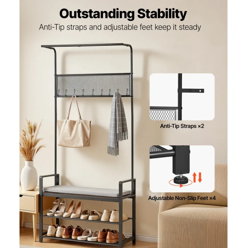 VEVOR Hall Tree, 72 in Coat Rack with Shoe Bench, Freestanding 2-Tier Shoe Rack Storage Organizer with Hooks, Hanging Rod and Wire Shelf, Steel Frame Entrance Coat Holder for Entry, Bedroom, Closet