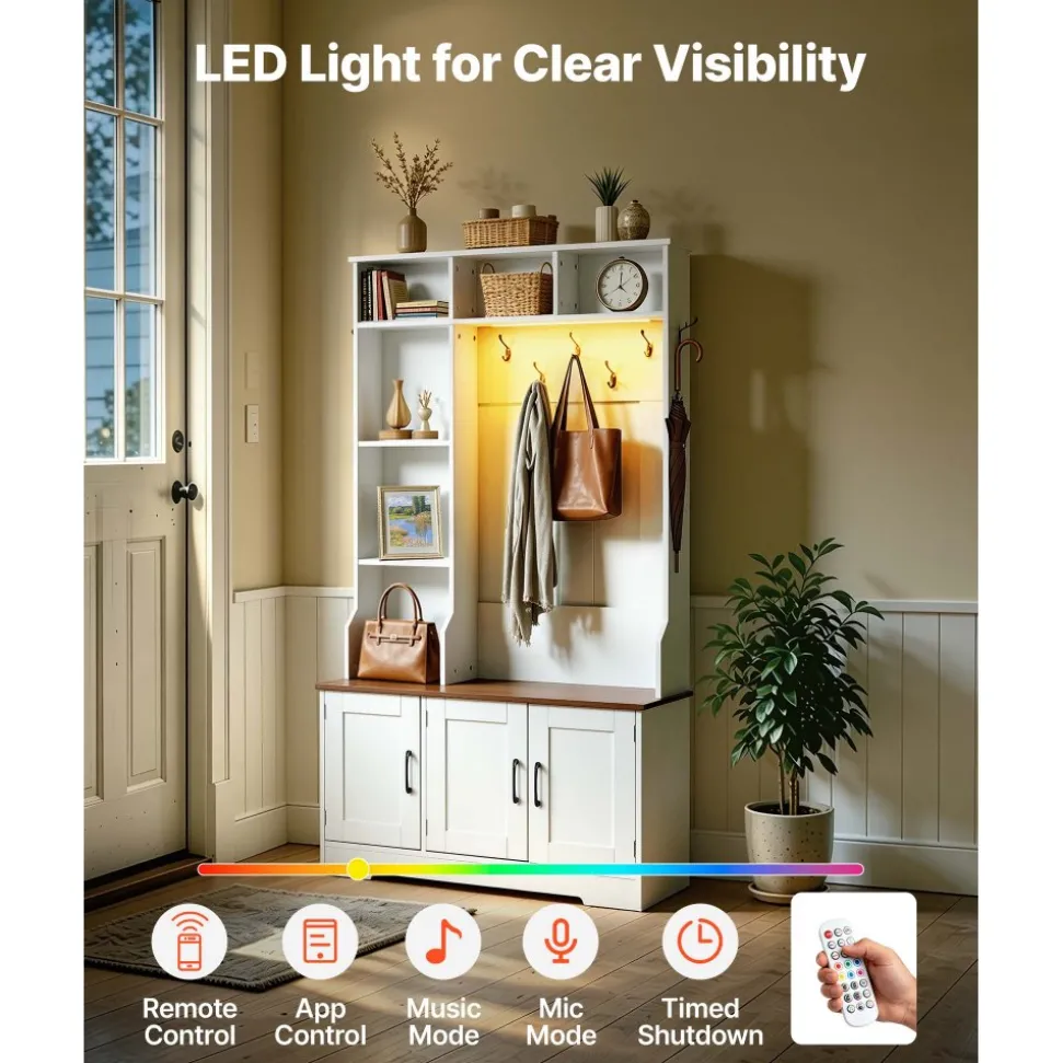 VEVOR Hall Tree with Bench and Shoe Storage, 39" Wide, Entryway Hall Tree with Bench, Hanging Hooks, Storage Shelves, Adjustable Shoe Shelves, LED Light, Wooden, for Mudroom, Entryway, Hallway, White