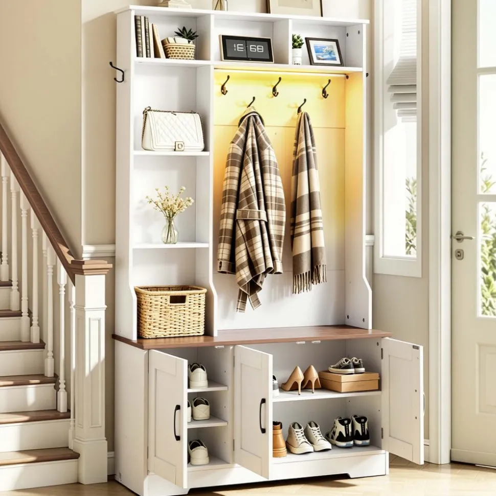 VEVOR Hall Tree with Bench and Shoe Storage, 39" Wide, Entryway Hall Tree with Bench, Hanging Hooks, Storage Shelves, Adjustable Shoe Shelves, LED Light, Wooden, for Mudroom, Entryway, Hallway, White