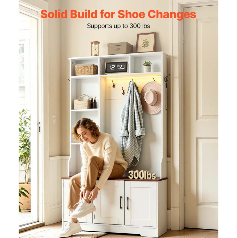 VEVOR Hall Tree with Bench and Shoe Storage, 39" Wide, Entryway Hall Tree with Bench, Hanging Hooks, Storage Shelves, Adjustable Shoe Shelves, LED Light, Wooden, for Mudroom, Entryway, Hallway, White