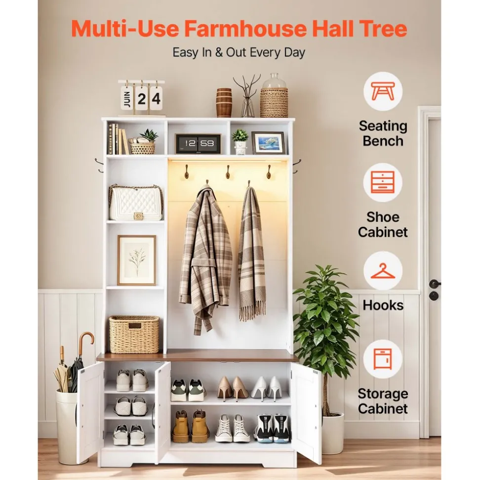 VEVOR Hall Tree with Bench and Shoe Storage, 39" Wide, Entryway Hall Tree with Bench, Hanging Hooks, Storage Shelves, Adjustable Shoe Shelves, LED Light, Wooden, for Mudroom, Entryway, Hallway, White