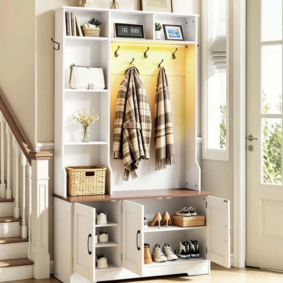 VEVOR Hall Tree with Bench and Shoe Storage, 39" Wide, Entryway Hall Tree with Bench, Hanging Hooks, Storage Shelves, Adjustable Shoe Shelves, LED Light, Wooden, for Mudroom, Entryway, Hallway, White