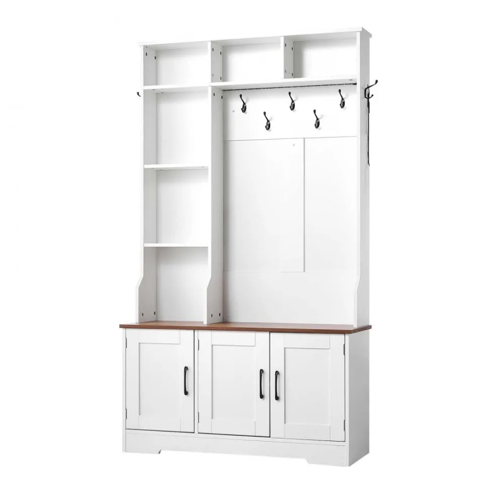 VEVOR Hall Tree with Bench and Shoe Storage, 39" Wide, Entryway Hall Tree with Bench, Hanging Hooks, Storage Shelves, Adjustable Shoe Shelves, LED Light, Wooden, for Mudroom, Entryway, Hallway, White