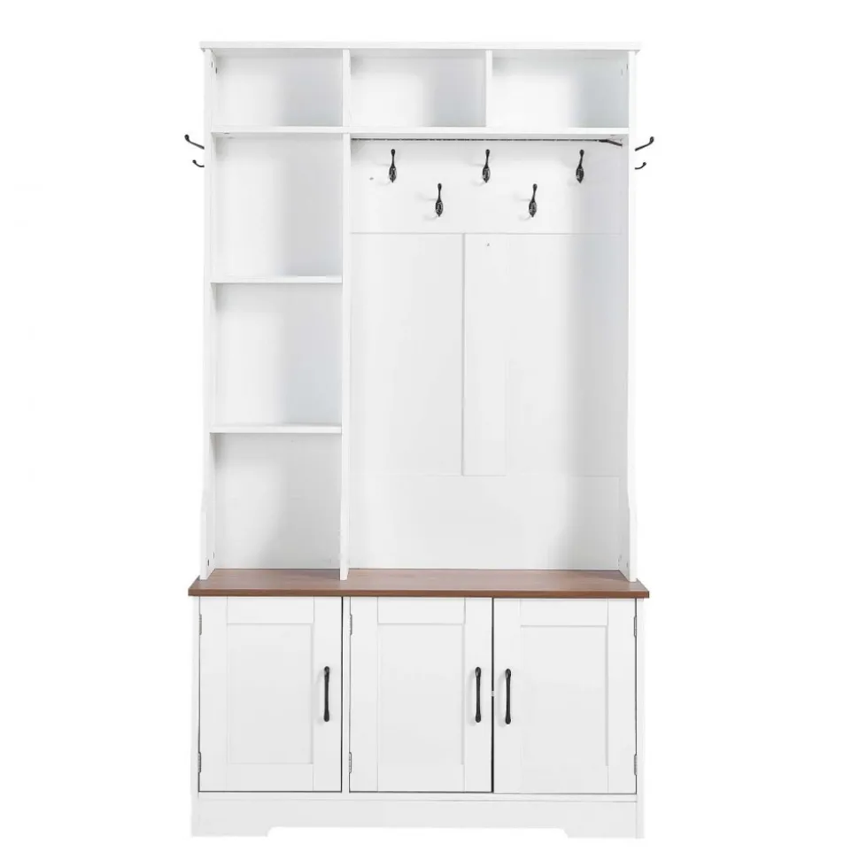 VEVOR Hall Tree with Bench and Shoe Storage, 39" Wide, Entryway Hall Tree with Bench, Hanging Hooks, Storage Shelves, Adjustable Shoe Shelves, LED Light, Wooden, for Mudroom, Entryway, Hallway, White