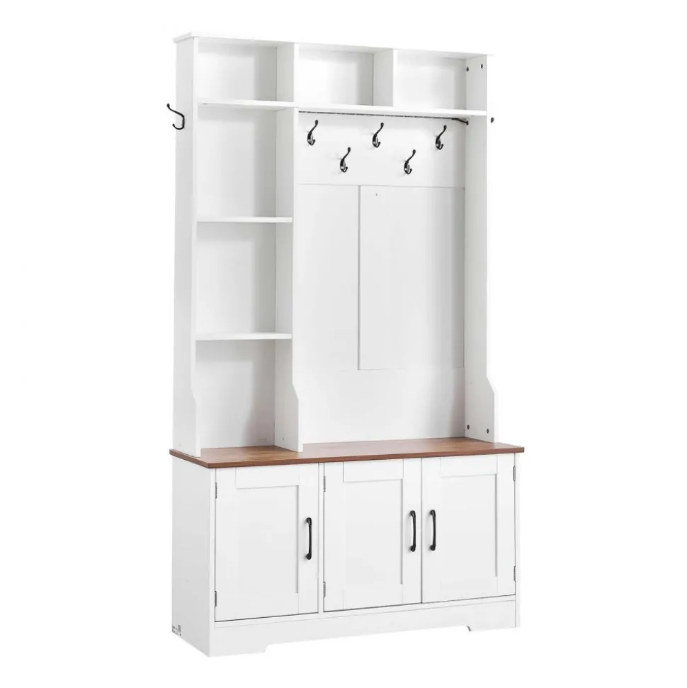 VEVOR Hall Tree with Bench and Shoe Storage, 39" Wide, Entryway Hall Tree with Bench, Hanging Hooks, Storage Shelves, Adjustable Shoe Shelves, LED Light, Wooden, for Mudroom, Entryway, Hallway, White
