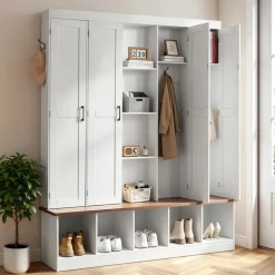 VEVOR Hall Tree with Bench and Shoe Storage, 63" Wide, 4-in-1 Entryway Hall Tree with Bench, Hanging Hooks, Storage Cabinet, and Shoe Cabinet, Wooden Furniture for Mudroom, Entryway, Hallway, White
