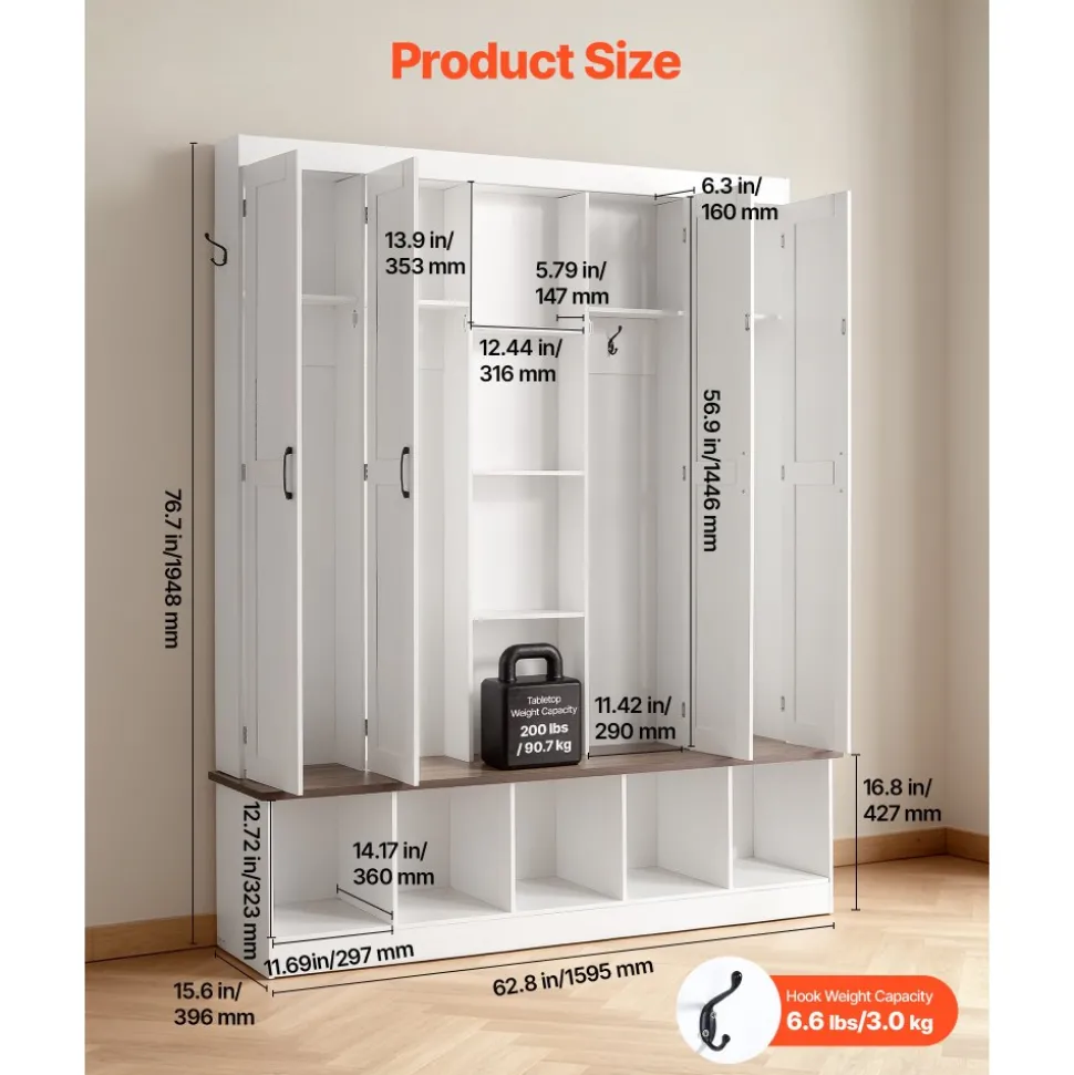 VEVOR Hall Tree with Bench and Shoe Storage, 63" Wide, 4-in-1 Entryway Hall Tree with Bench, Hanging Hooks, Storage Cabinet, and Shoe Cabinet, Wooden Furniture for Mudroom, Entryway, Hallway, White