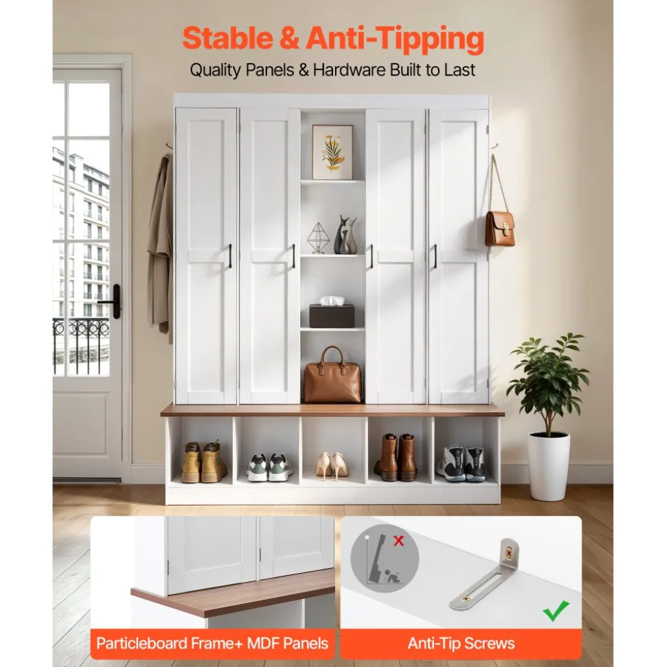 VEVOR Hall Tree with Bench and Shoe Storage, 63" Wide, 4-in-1 Entryway Hall Tree with Bench, Hanging Hooks, Storage Cabinet, and Shoe Cabinet, Wooden Furniture for Mudroom, Entryway, Hallway, White