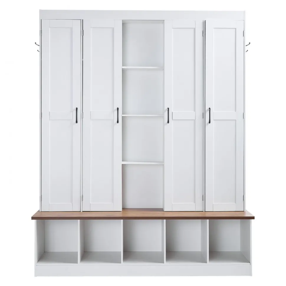 VEVOR Hall Tree with Bench and Shoe Storage, 63" Wide, 4-in-1 Entryway Hall Tree with Bench, Hanging Hooks, Storage Cabinet, and Shoe Cabinet, Wooden Furniture for Mudroom, Entryway, Hallway, White