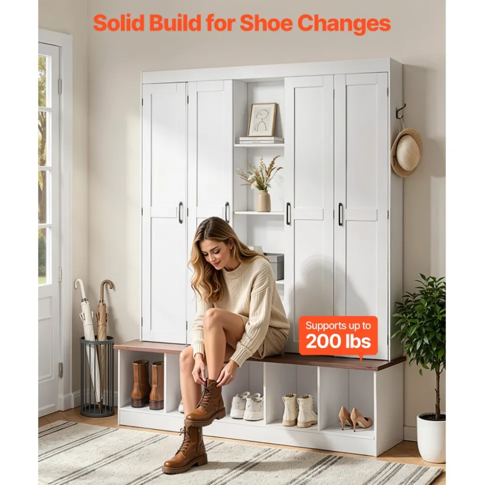 VEVOR Hall Tree with Bench and Shoe Storage, 63" Wide, 4-in-1 Entryway Hall Tree with Bench, Hanging Hooks, Storage Cabinet, and Shoe Cabinet, Wooden Furniture for Mudroom, Entryway, Hallway, White