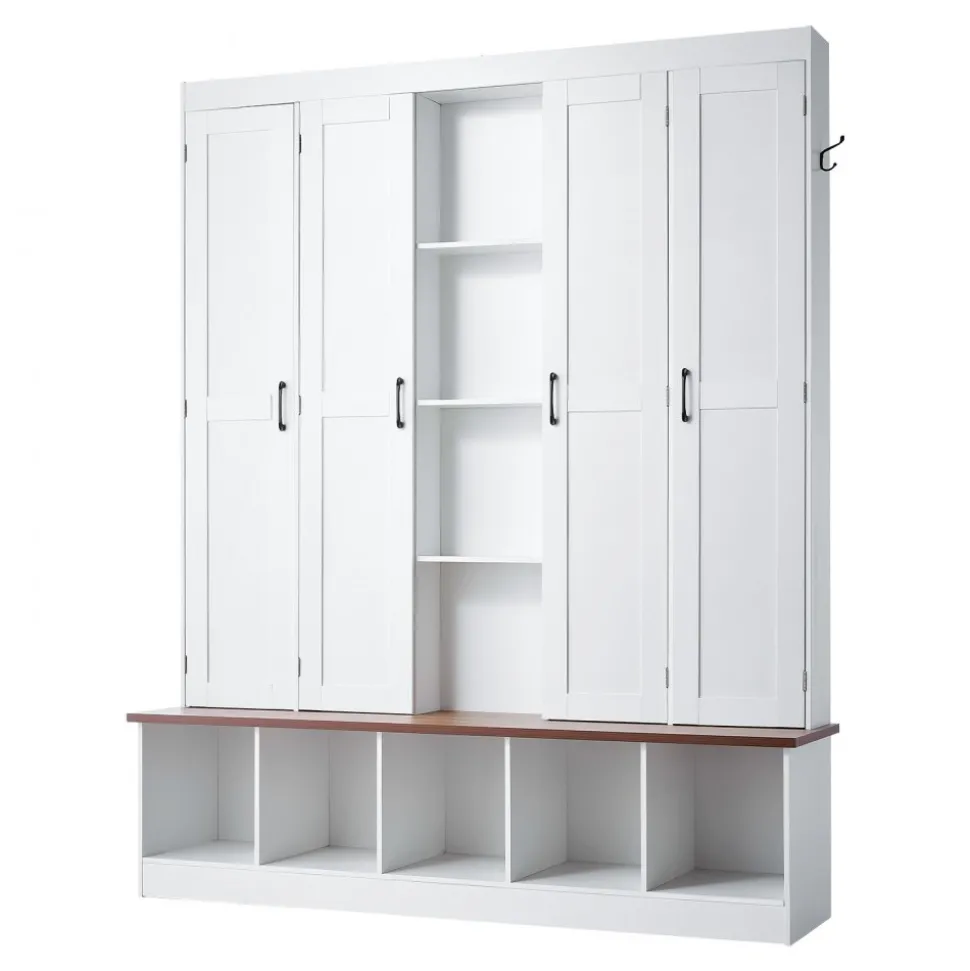 VEVOR Hall Tree with Bench and Shoe Storage, 63" Wide, 4-in-1 Entryway Hall Tree with Bench, Hanging Hooks, Storage Cabinet, and Shoe Cabinet, Wooden Furniture for Mudroom, Entryway, Hallway, White