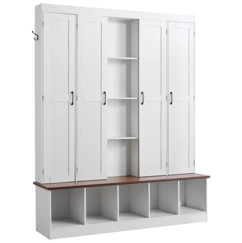 VEVOR Hall Tree with Bench and Shoe Storage, 63" Wide, 4-in-1 Entryway Hall Tree with Bench, Hanging Hooks, Storage Cabinet, and Shoe Cabinet, Wooden Furniture for Mudroom, Entryway, Hallway, White