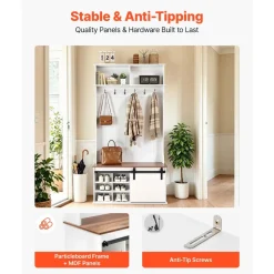 VEVOR Hall Tree with Bench and Shoe Storage, 42" Wide, Entryway Hall Tree with Bench, Hanging Hooks, Storage Shelves, Adjustable Shoe Shelves, Wooden Furniture for Mudroom, Entryway, Hallway, White