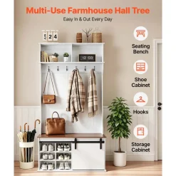VEVOR Hall Tree with Bench and Shoe Storage, 42" Wide, Entryway Hall Tree with Bench, Hanging Hooks, Storage Shelves, Adjustable Shoe Shelves, Wooden Furniture for Mudroom, Entryway, Hallway, White