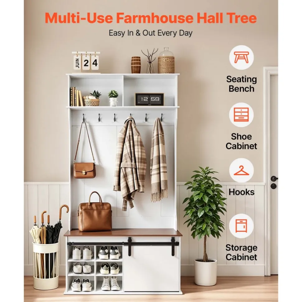 VEVOR Hall Tree with Bench and Shoe Storage, 42" Wide, Entryway Hall Tree with Bench, Hanging Hooks, Storage Shelves, Adjustable Shoe Shelves, Wooden Furniture for Mudroom, Entryway, Hallway, White