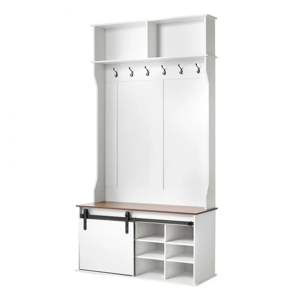 VEVOR Hall Tree with Bench and Shoe Storage, 42" Wide, Entryway Hall Tree with Bench, Hanging Hooks, Storage Shelves, Adjustable Shoe Shelves, Wooden Furniture for Mudroom, Entryway, Hallway, White