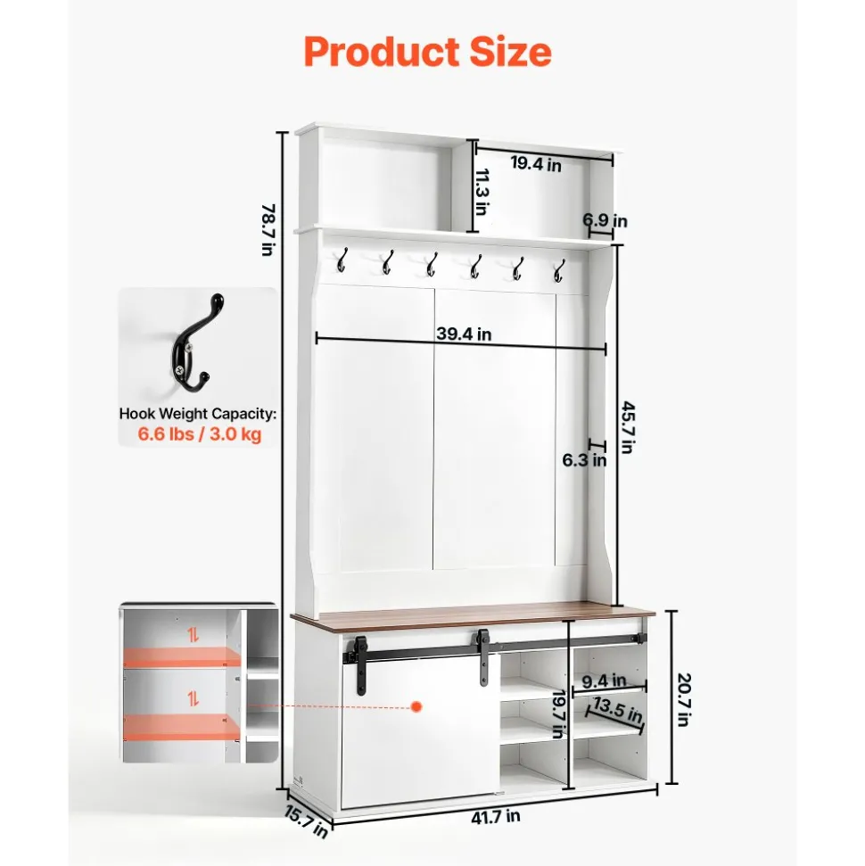 VEVOR Hall Tree with Bench and Shoe Storage, 42" Wide, Entryway Hall Tree with Bench, Hanging Hooks, Storage Shelves, Adjustable Shoe Shelves, Wooden Furniture for Mudroom, Entryway, Hallway, White