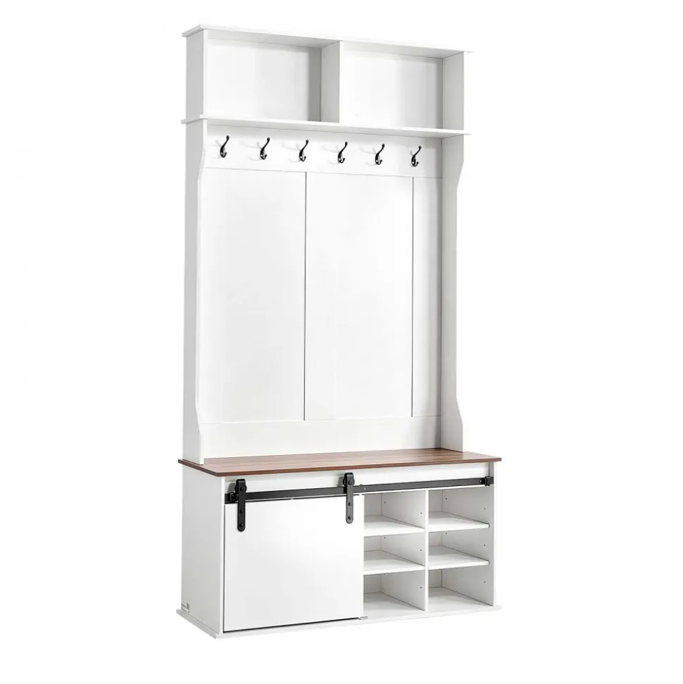 VEVOR Hall Tree with Bench and Shoe Storage, 42" Wide, Entryway Hall Tree with Bench, Hanging Hooks, Storage Shelves, Adjustable Shoe Shelves, Wooden Furniture for Mudroom, Entryway, Hallway, White