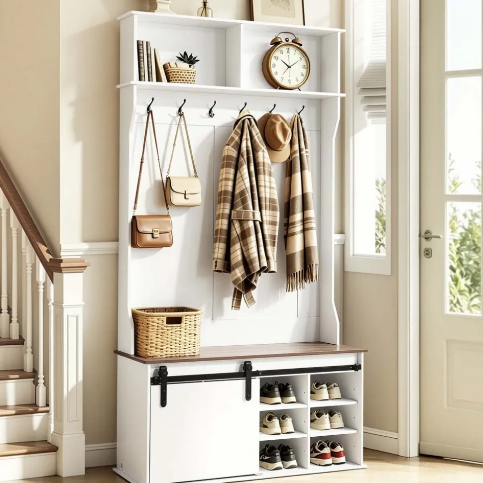 VEVOR Hall Tree with Bench and Shoe Storage, 42" Wide, Entryway Hall Tree with Bench, Hanging Hooks, Storage Shelves, Adjustable Shoe Shelves, Wooden Furniture for Mudroom, Entryway, Hallway, White