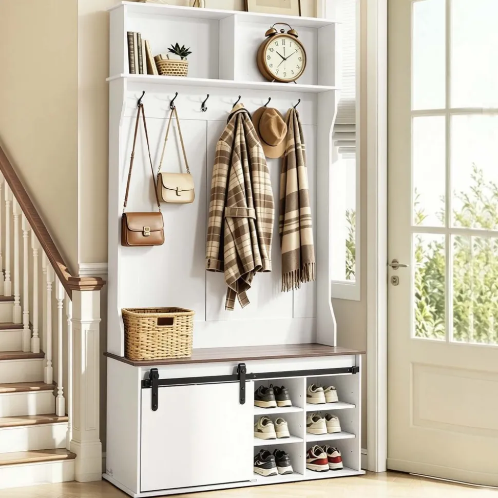VEVOR Hall Tree with Bench and Shoe Storage, 42" Wide, Entryway Hall Tree with Bench, Hanging Hooks, Storage Shelves, Adjustable Shoe Shelves, Wooden Furniture for Mudroom, Entryway, Hallway, White