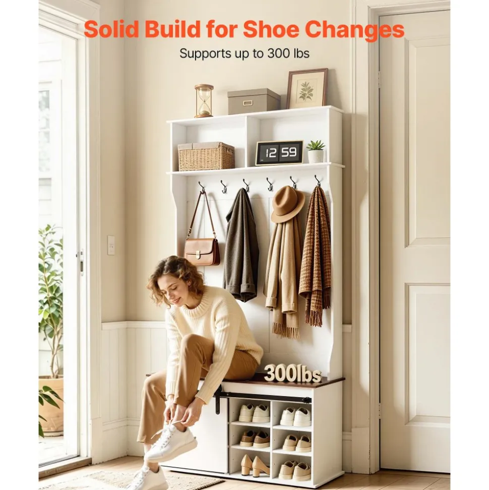 VEVOR Hall Tree with Bench and Shoe Storage, 42" Wide, Entryway Hall Tree with Bench, Hanging Hooks, Storage Shelves, Adjustable Shoe Shelves, Wooden Furniture for Mudroom, Entryway, Hallway, White