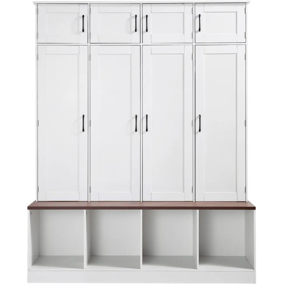 VEVOR Hall Tree with Bench and Shoe Storage, 59" Wide, 4-in-1 Entryway Hall Tree with Bench, Hanging Hooks, Storage Cabinet, and Shoe Cabinet, Wooden Furniture for Mudroom, Entryway, Hallway, White