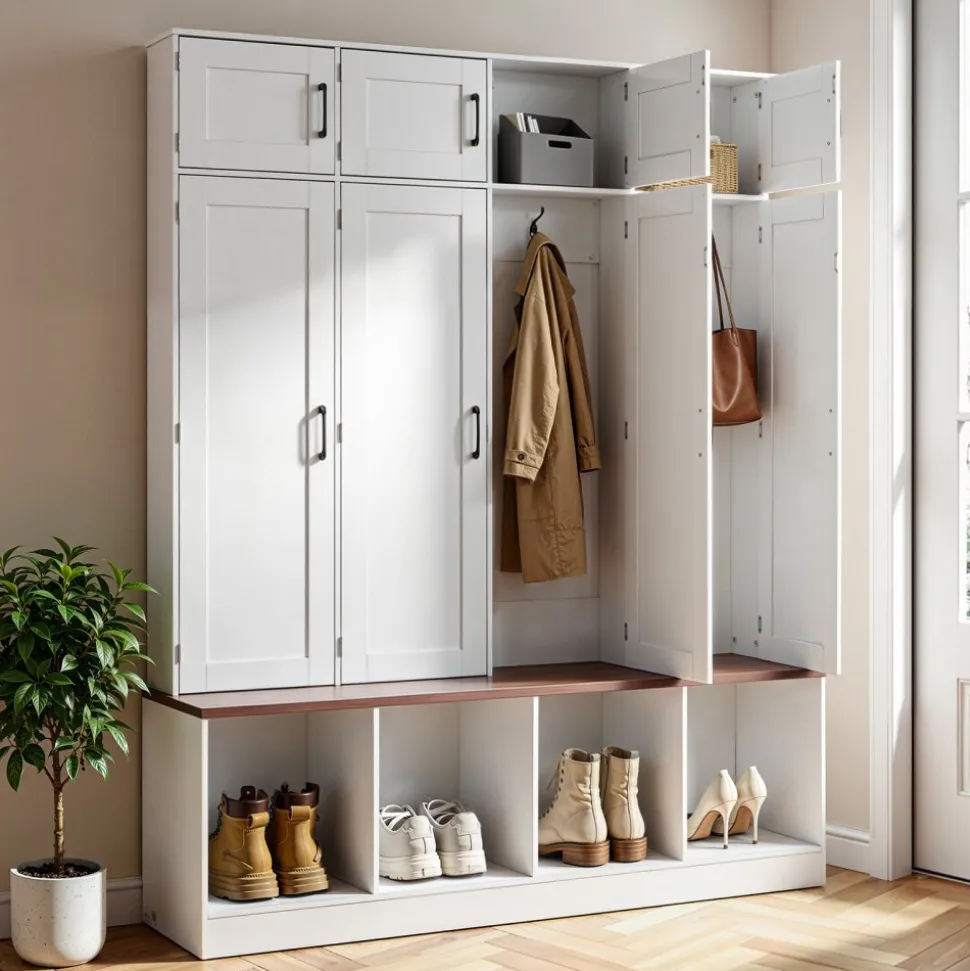 VEVOR Hall Tree with Bench and Shoe Storage, 59" Wide, 4-in-1 Entryway Hall Tree with Bench, Hanging Hooks, Storage Cabinet, and Shoe Cabinet, Wooden Furniture for Mudroom, Entryway, Hallway, White