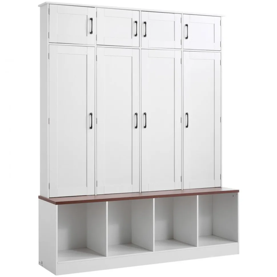 VEVOR Hall Tree with Bench and Shoe Storage, 59" Wide, 4-in-1 Entryway Hall Tree with Bench, Hanging Hooks, Storage Cabinet, and Shoe Cabinet, Wooden Furniture for Mudroom, Entryway, Hallway, White