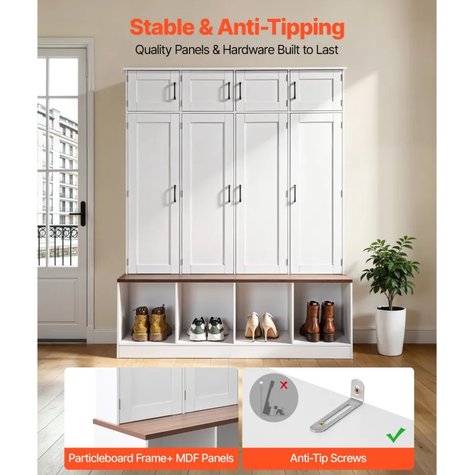 VEVOR Hall Tree with Bench and Shoe Storage, 59" Wide, 4-in-1 Entryway Hall Tree with Bench, Hanging Hooks, Storage Cabinet, and Shoe Cabinet, Wooden Furniture for Mudroom, Entryway, Hallway, White