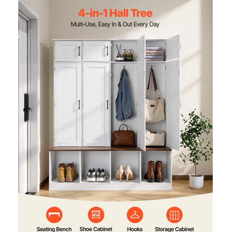 VEVOR Hall Tree with Bench and Shoe Storage, 59" Wide, 4-in-1 Entryway Hall Tree with Bench, Hanging Hooks, Storage Cabinet, and Shoe Cabinet, Wooden Furniture for Mudroom, Entryway, Hallway, White
