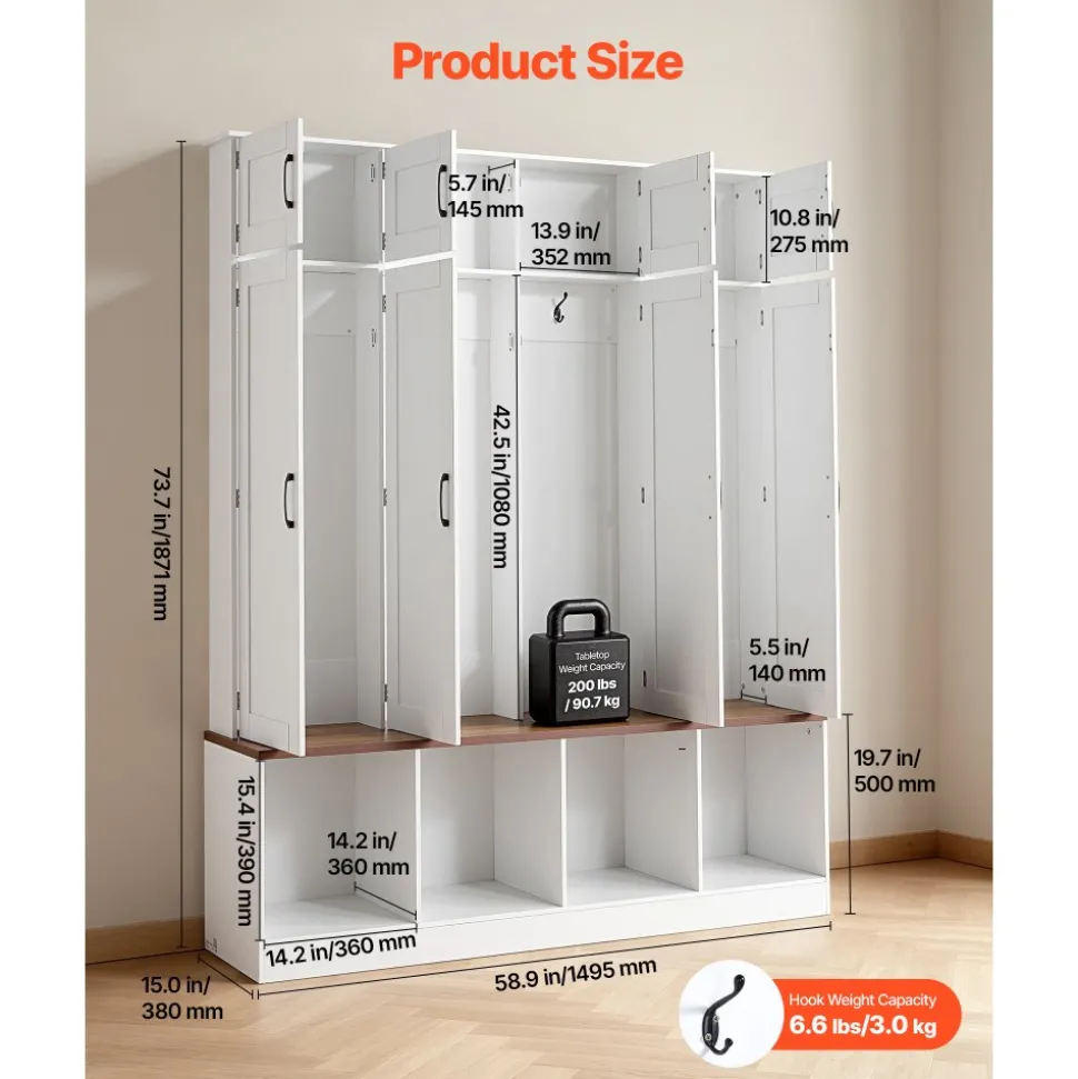 VEVOR Hall Tree with Bench and Shoe Storage, 59" Wide, 4-in-1 Entryway Hall Tree with Bench, Hanging Hooks, Storage Cabinet, and Shoe Cabinet, Wooden Furniture for Mudroom, Entryway, Hallway, White