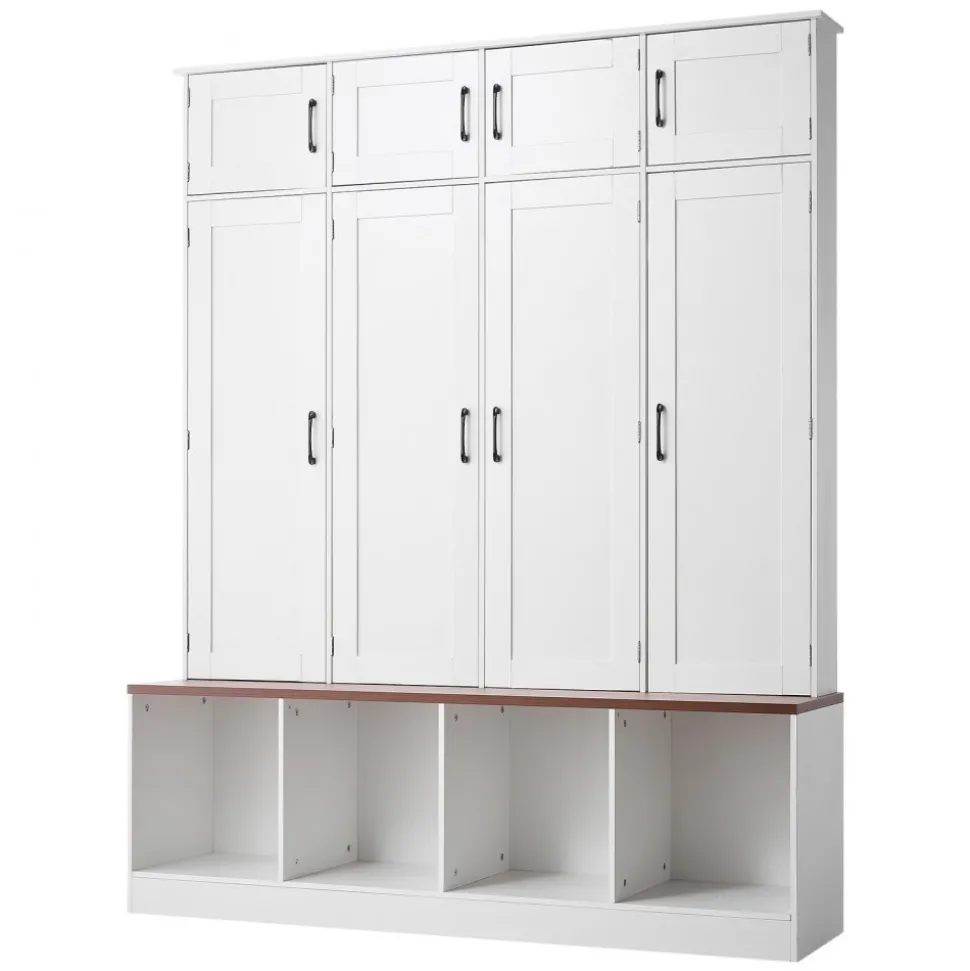 VEVOR Hall Tree with Bench and Shoe Storage, 59" Wide, 4-in-1 Entryway Hall Tree with Bench, Hanging Hooks, Storage Cabinet, and Shoe Cabinet, Wooden Furniture for Mudroom, Entryway, Hallway, White