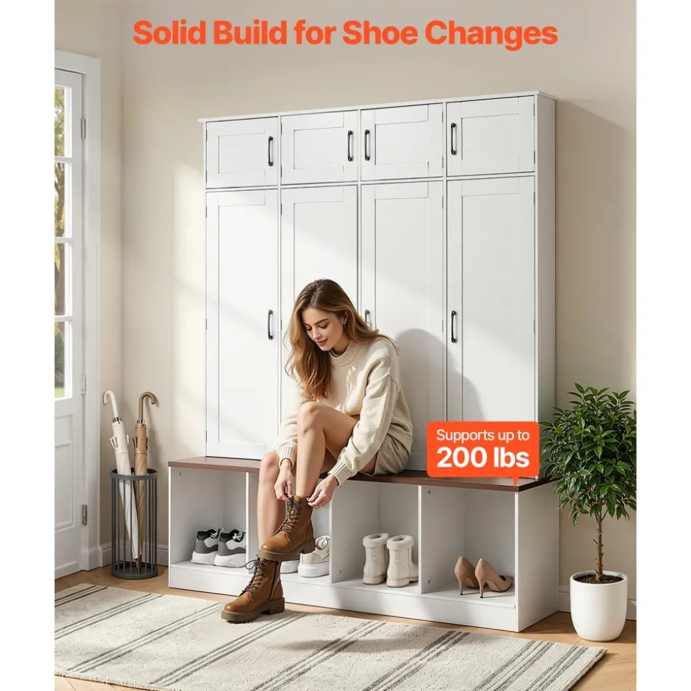 VEVOR Hall Tree with Bench and Shoe Storage, 59" Wide, 4-in-1 Entryway Hall Tree with Bench, Hanging Hooks, Storage Cabinet, and Shoe Cabinet, Wooden Furniture for Mudroom, Entryway, Hallway, White
