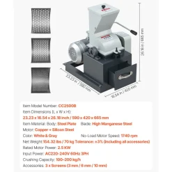 VEVOR Hammer Crusher, 2.5KW 220V Electric Rock Stone Shatter Grinder, Glass Crushing Machine with 100 to 200 kg/h Crushing Capacity, Coal Crusher Milling Machine with 0.12/0.24/0.4 inch Sieve Screens