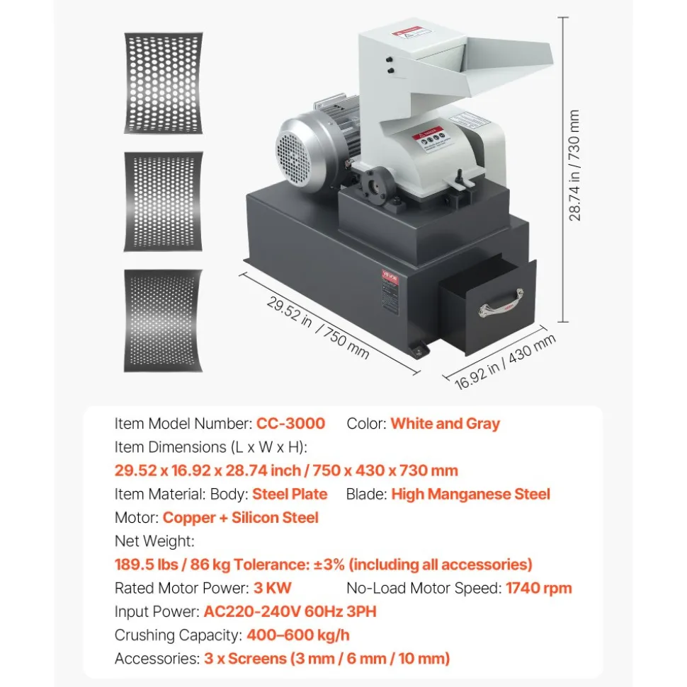 VEVOR Hammer Crusher, 3KW 220V Electric Rock Stone Shatter Grinder, Glass Crushing Machine with 400 to 600 kg/h Crushing Capacity, Coal Crusher Milling Machine with 0.12/0.24/0.4 inch Sieve Screens