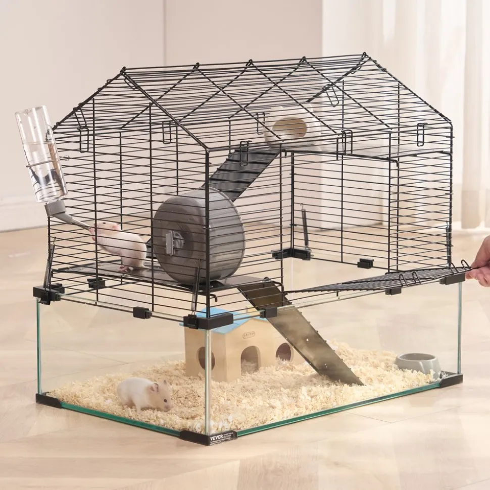 VEVOR Hamster Cage, 360° Viewing Transparent Hamster Habitats, Small Animal Cage, 29.5 x 17.3 x 24 in, Ventilated Pet Mouse Cages with Water Bottle, Portable Hamster House for Rats, Guinea Pigs