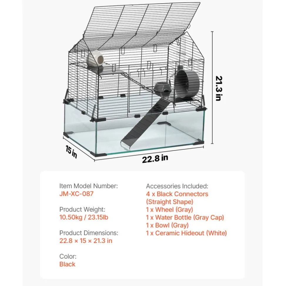 VEVOR Hamster Cage, 360° Viewing Transparent Hamster Habitats, Small Animal Cage, 29.5 x 17.3 x 24 in, Ventilated Pet Mouse Cages with Water Bottle, Portable Hamster House for Rats, Guinea Pigs