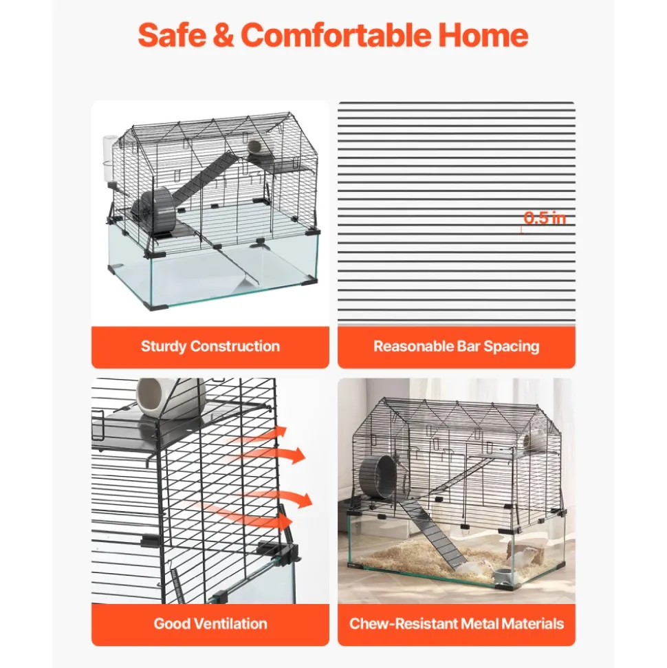 VEVOR Hamster Cage, 360° Viewing Transparent Hamster Habitats, Small Animal Cage, 29.5 x 17.3 x 24 in, Ventilated Pet Mouse Cages with Water Bottle, Portable Hamster House for Rats, Guinea Pigs