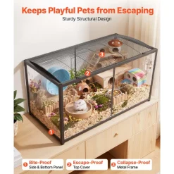 VEVOR Hamster Cage 47.2"x23.6"x25.4" 360° Viewing Metal Hamster Habitat, Transparent Small Animal Cage with Top Access & Front Door, Large Portable Pet House for Guinea Pig, Gerbil (7.7 ft², Black)