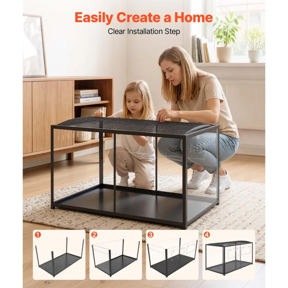VEVOR Hamster Cage 47.2"x23.6"x25.4" 360° Viewing Metal Hamster Habitat, Transparent Small Animal Cage with Top Access & Front Door, Large Portable Pet House for Guinea Pig, Gerbil (7.7 ft², Black)