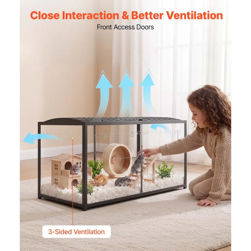 VEVOR Hamster Cage 47.2"x23.6"x25.4" 360° Viewing Metal Hamster Habitat, Transparent Small Animal Cage with Top Access & Front Door, Large Portable Pet House for Guinea Pig, Gerbil (7.7 ft², Black)