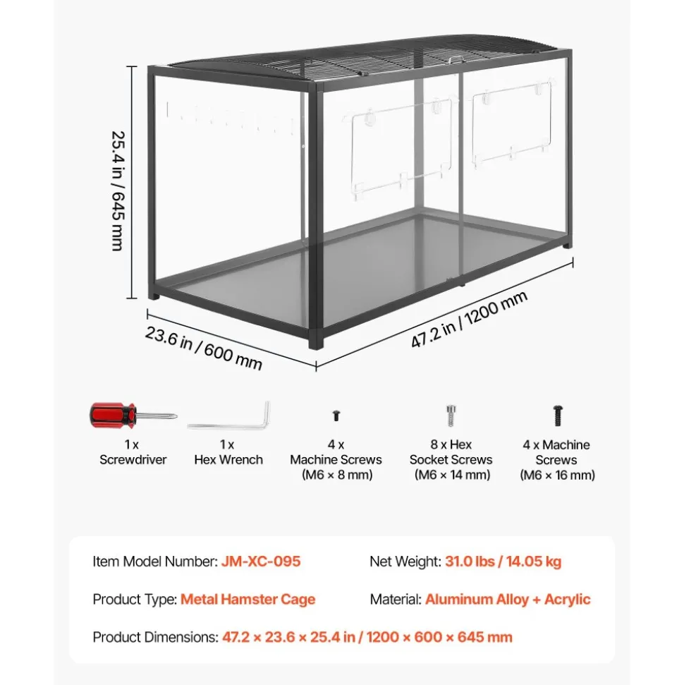 VEVOR Hamster Cage 47.2"x23.6"x25.4" 360° Viewing Metal Hamster Habitat, Transparent Small Animal Cage with Top Access & Front Door, Large Portable Pet House for Guinea Pig, Gerbil (7.7 ft², Black)