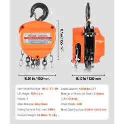 VEVOR Hand Chain Hoist, 2 Ton 4400 lbs Capacity, Manual Chain Block with Upgrade G80 Galvanized Chain, 10 ft Lifting Height, Heavy Duty Pulley Hoist for Garage Warehouse Automotive Machinery, Orange