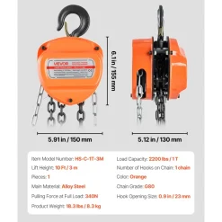 VEVOR Hand Chain Hoist, 1 Ton 2200 lbs Capacity, Manual Chain Block with Upgrade G80 Galvanized Chain, 10 ft Lifting Height, Heavy Duty Pulley Hoist for Garage Warehouse Automotive Machinery, Orange