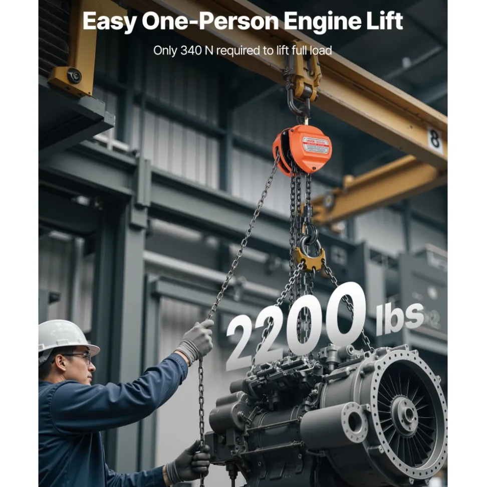 VEVOR Hand Chain Hoist, 1 Ton 2200 lbs Capacity, Manual Chain Block with Upgrade G80 Galvanized Chain, 10 ft Lifting Height, Heavy Duty Pulley Hoist for Garage Warehouse Automotive Machinery, Orange