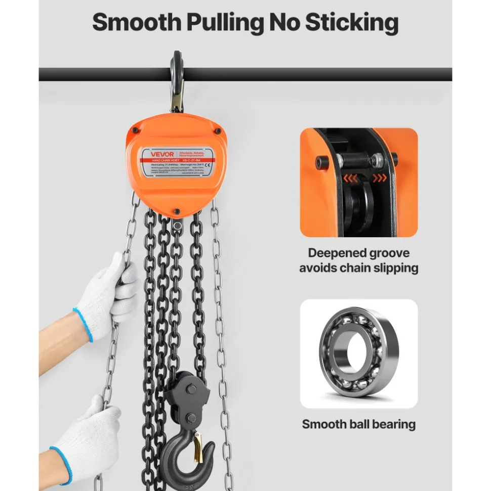 VEVOR Hand Chain Hoist, 2 Ton 4400 lbs Capacity, Manual Chain Block with Upgrade G80 Galvanized Chain, 20 ft Lifting Height, Heavy Duty Pulley Hoist for Garage Warehouse Automotive Machinery, Orange