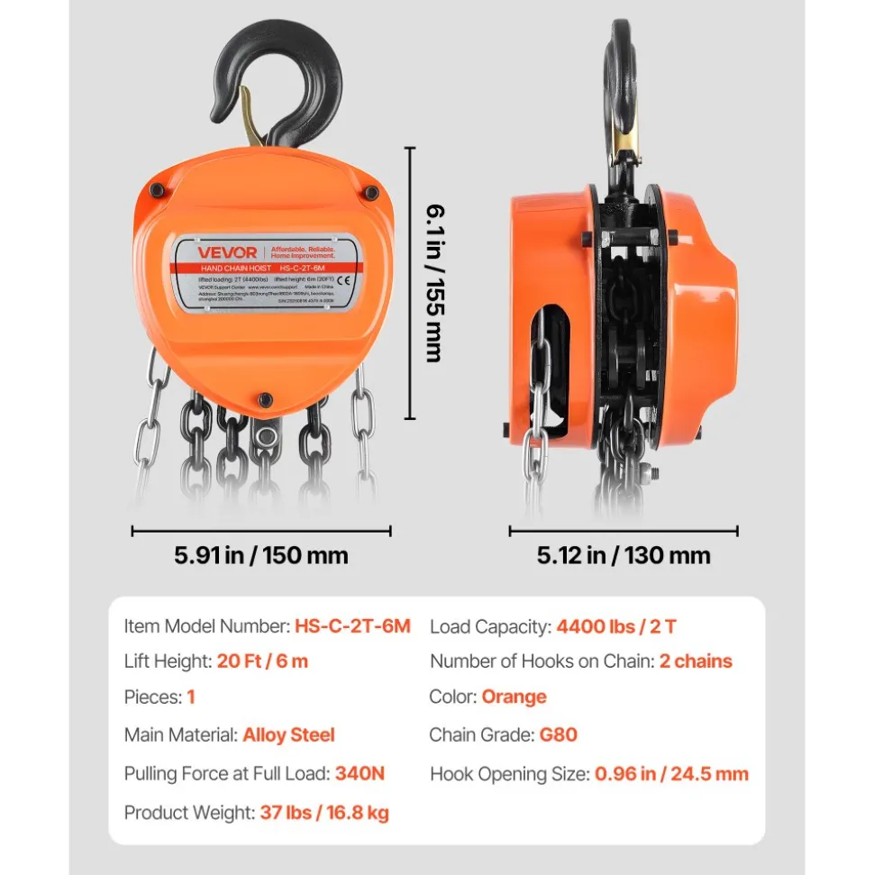 VEVOR Hand Chain Hoist, 2 Ton 4400 lbs Capacity, Manual Chain Block with Upgrade G80 Galvanized Chain, 20 ft Lifting Height, Heavy Duty Pulley Hoist for Garage Warehouse Automotive Machinery, Orange