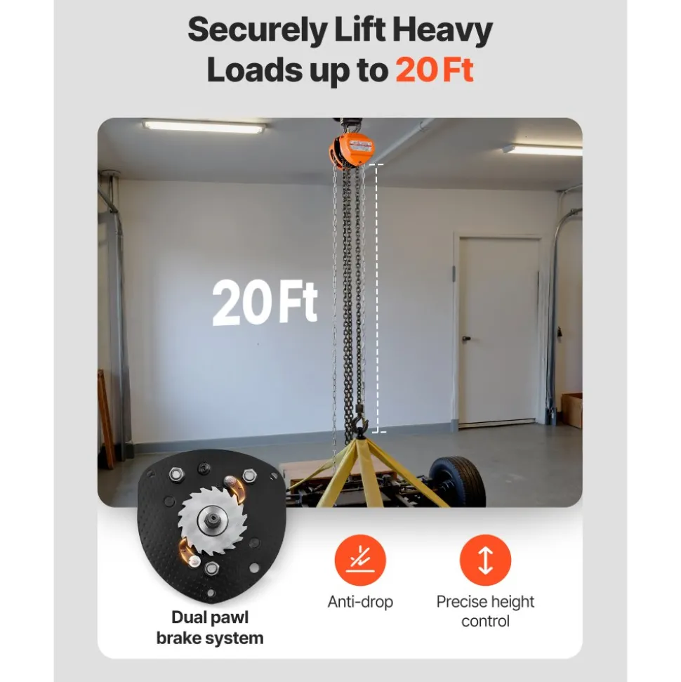 VEVOR Hand Chain Hoist, 1 Ton 2200 lbs Capacity, Manual Chain Block with Upgrade G80 Galvanized Chain, 20 ft Lifting Height, Heavy Duty Pulley Hoist for Garage Warehouse Automotive Machinery, Orange