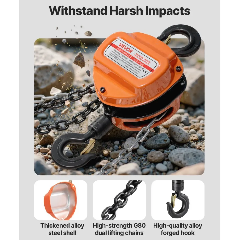 VEVOR Hand Chain Hoist, 1 Ton 2200 lbs Capacity, Manual Chain Block with Upgrade G80 Galvanized Chain, 20 ft Lifting Height, Heavy Duty Pulley Hoist for Garage Warehouse Automotive Machinery, Orange
