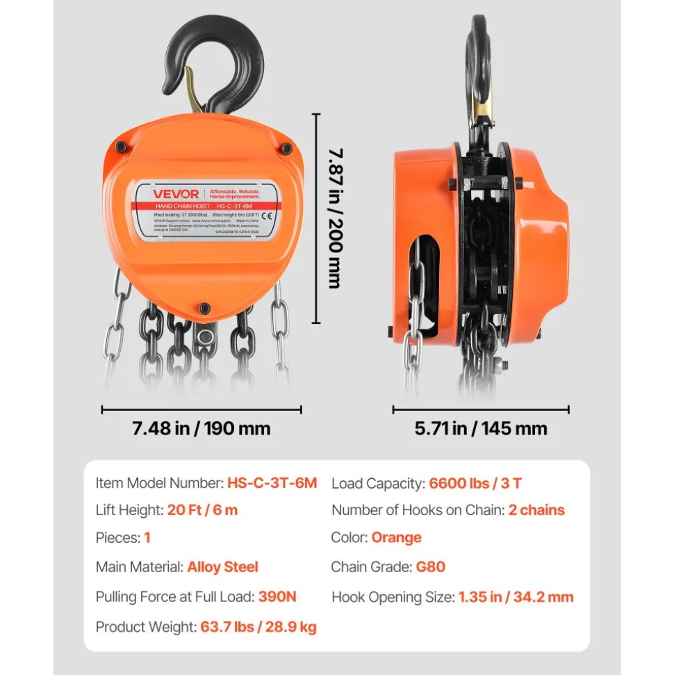 VEVOR Hand Chain Hoist, 1 Ton 2200 lbs Capacity, Manual Chain Block with Upgrade G70 Galvanized Chain, 8 ft Lifting Height, Heavy Duty Pulley Hoist for Garage Warehouse Automotive Machinery, Red